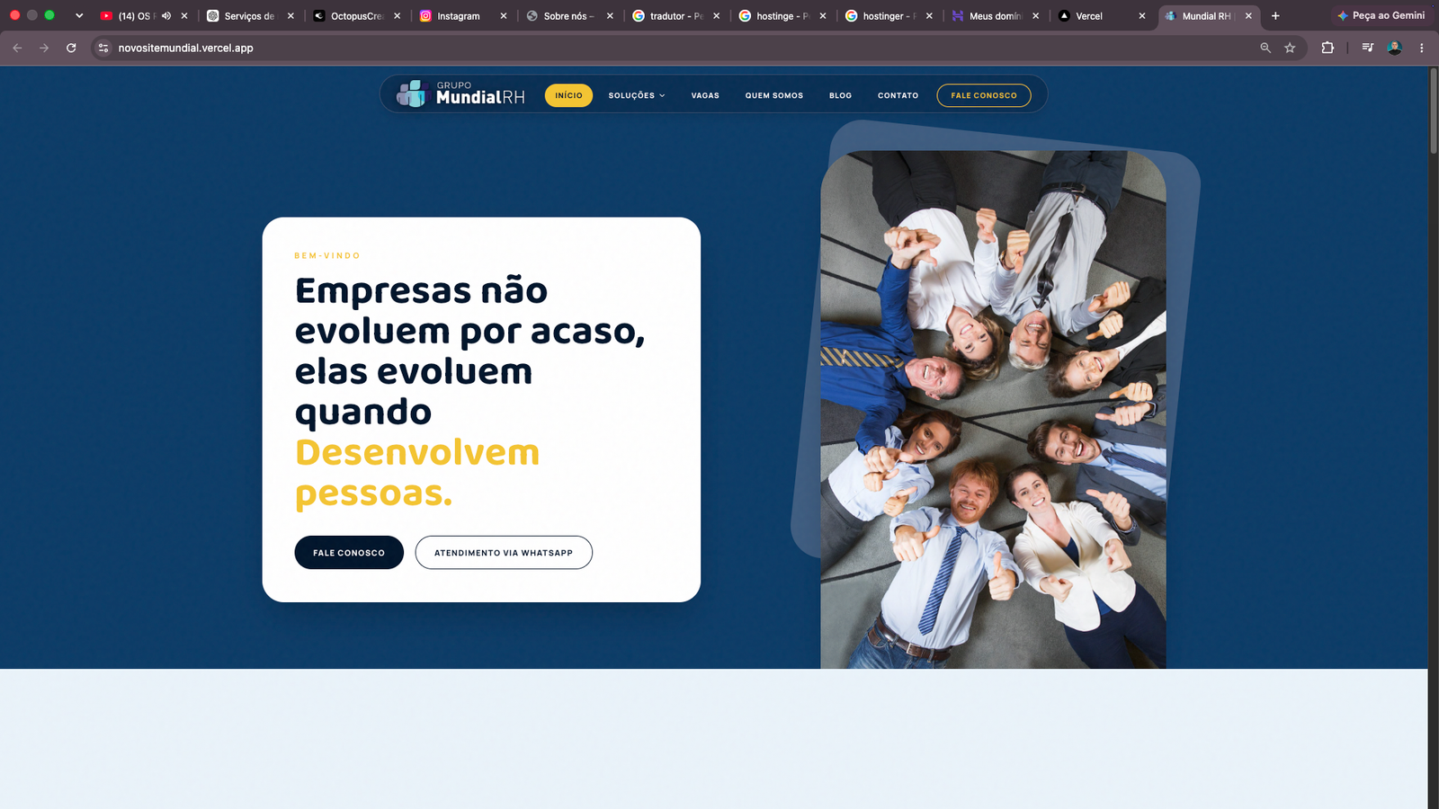 Mockup do site institucional do Grupo Mundial RH